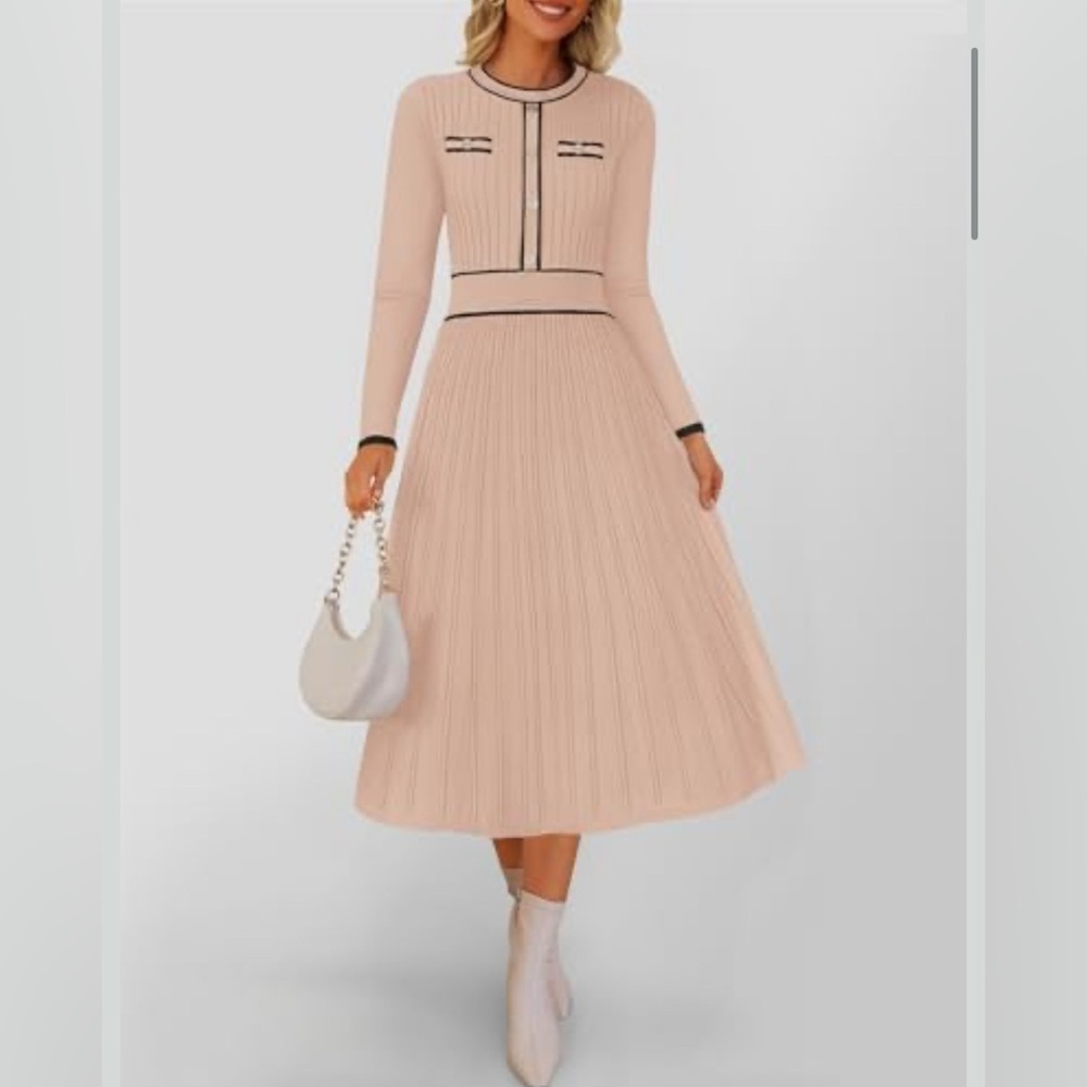 ZESICA Pleated Sweater Dress Long Sleeve Crewneck Ribbed Knitted Midi Dresses
